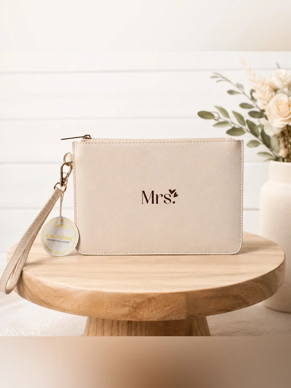 Mrs. Bridal Shower Wristlet Clutch Cream Faux Leather Wedding Purse NWT